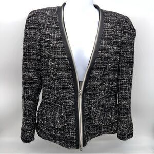 Nanette Lepore Black and White Linen Blend Wizard Tweed Jacket w/Zipper Detail-2
